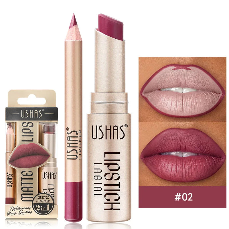 USHAS 2 in 1 Color Lip Liner + LIPSTICK Set
