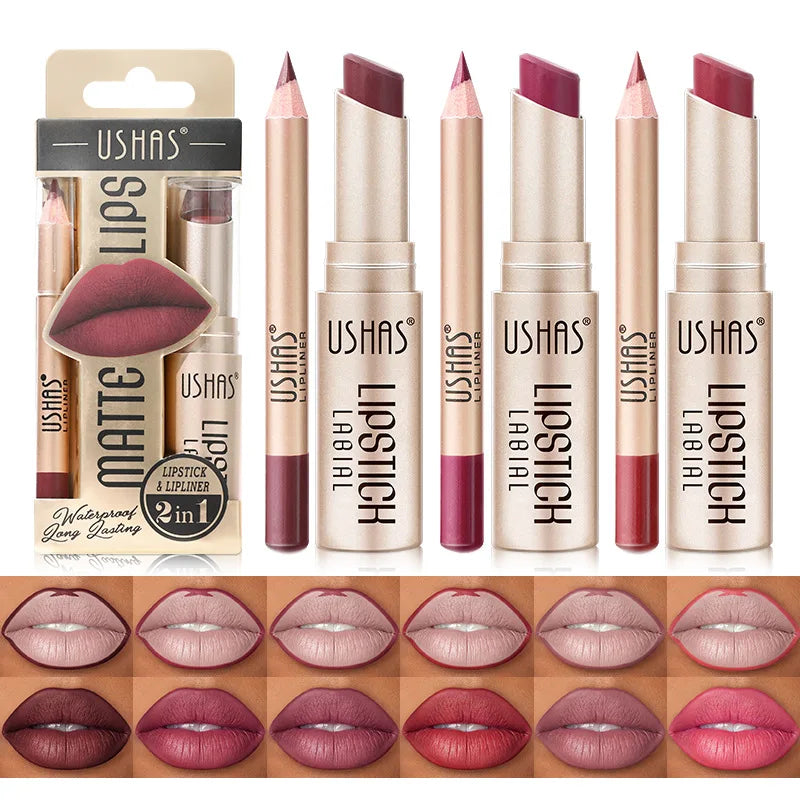 USHAS 2 in 1 Color Lip Liner + LIPSTICK Set