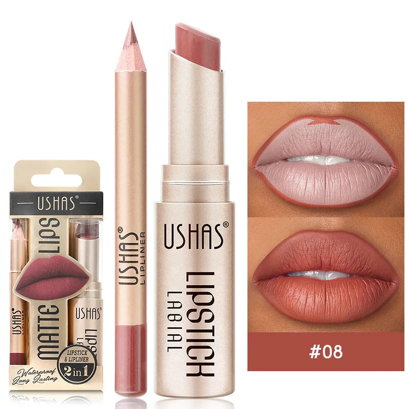 USHAS 2 in 1 Color Lip Liner + LIPSTICK Set