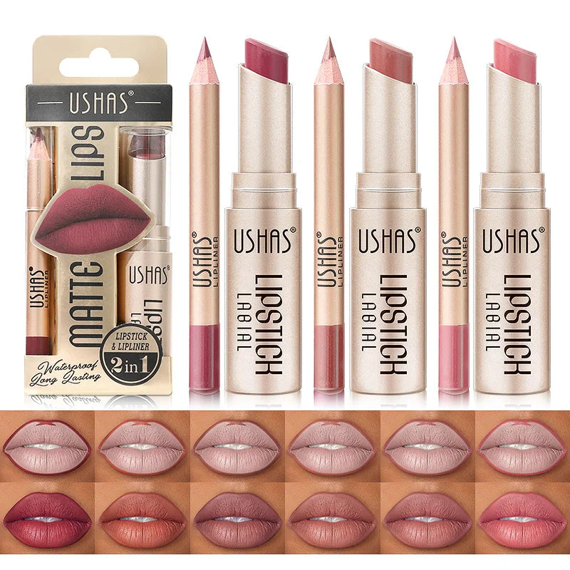 USHAS 2 in 1 Color Lip Liner + LIPSTICK Set