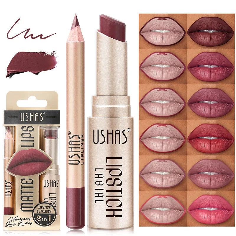 USHAS 2 in 1 Color Lip Liner + LIPSTICK Set