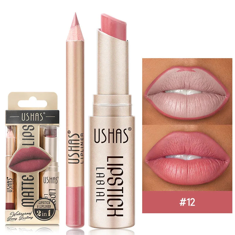 USHAS 2 in 1 Color Lip Liner + LIPSTICK Set
