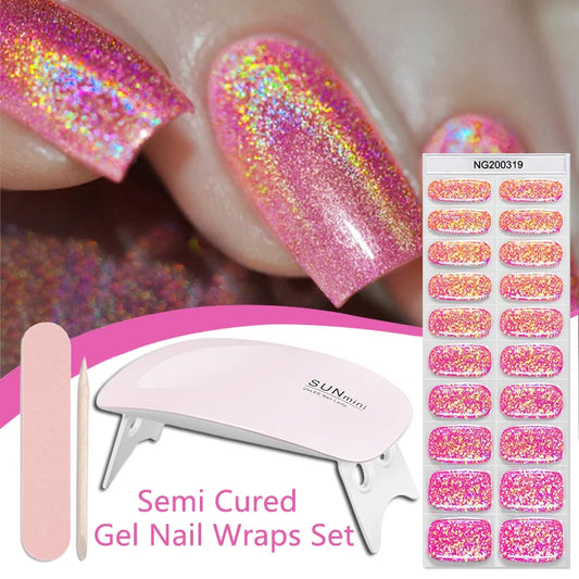 4pcs/set Sparkly Semi Cured Gel Nail Strips with Nail Dry
