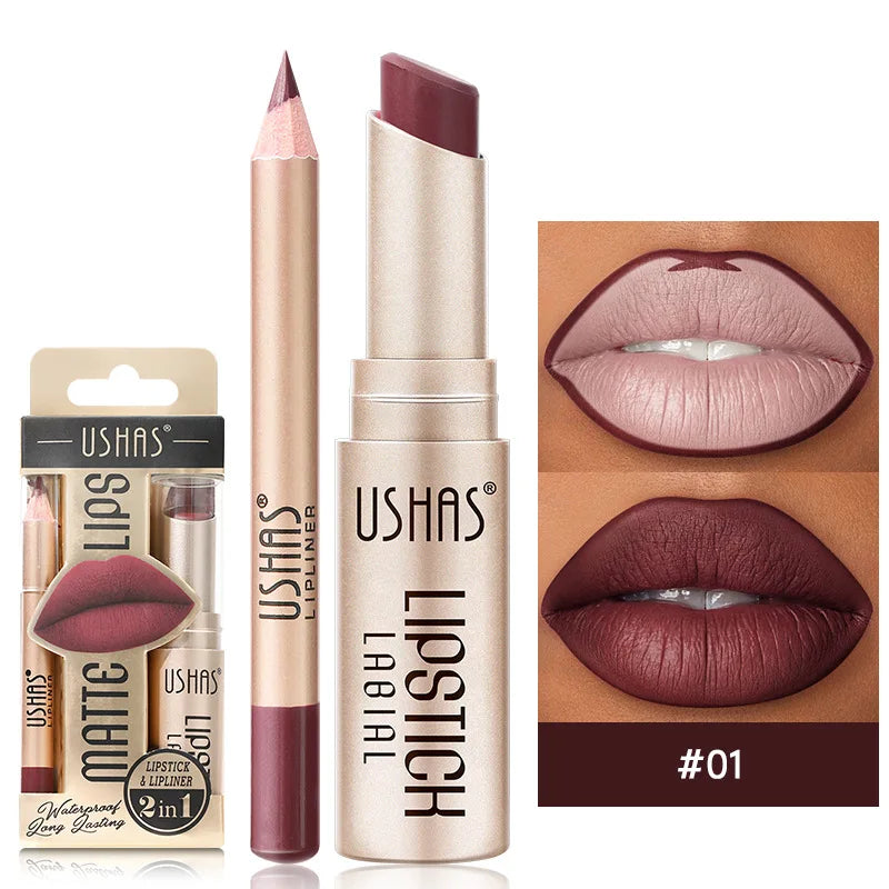 USHAS 2 in 1 Color Lip Liner + LIPSTICK Set